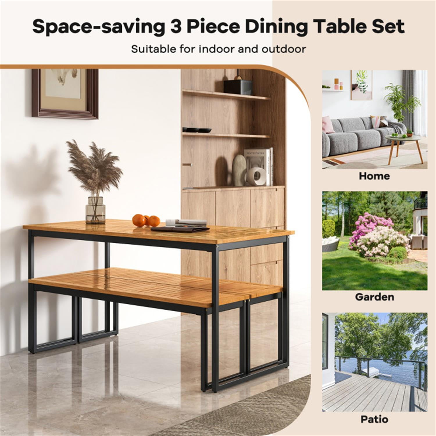 Demi Bonn 2-Piece Patio Outdoor Bench Backless with Slatted Seat and Metal Legs, Dining Bench for Garden Poolside Balcony, Beige