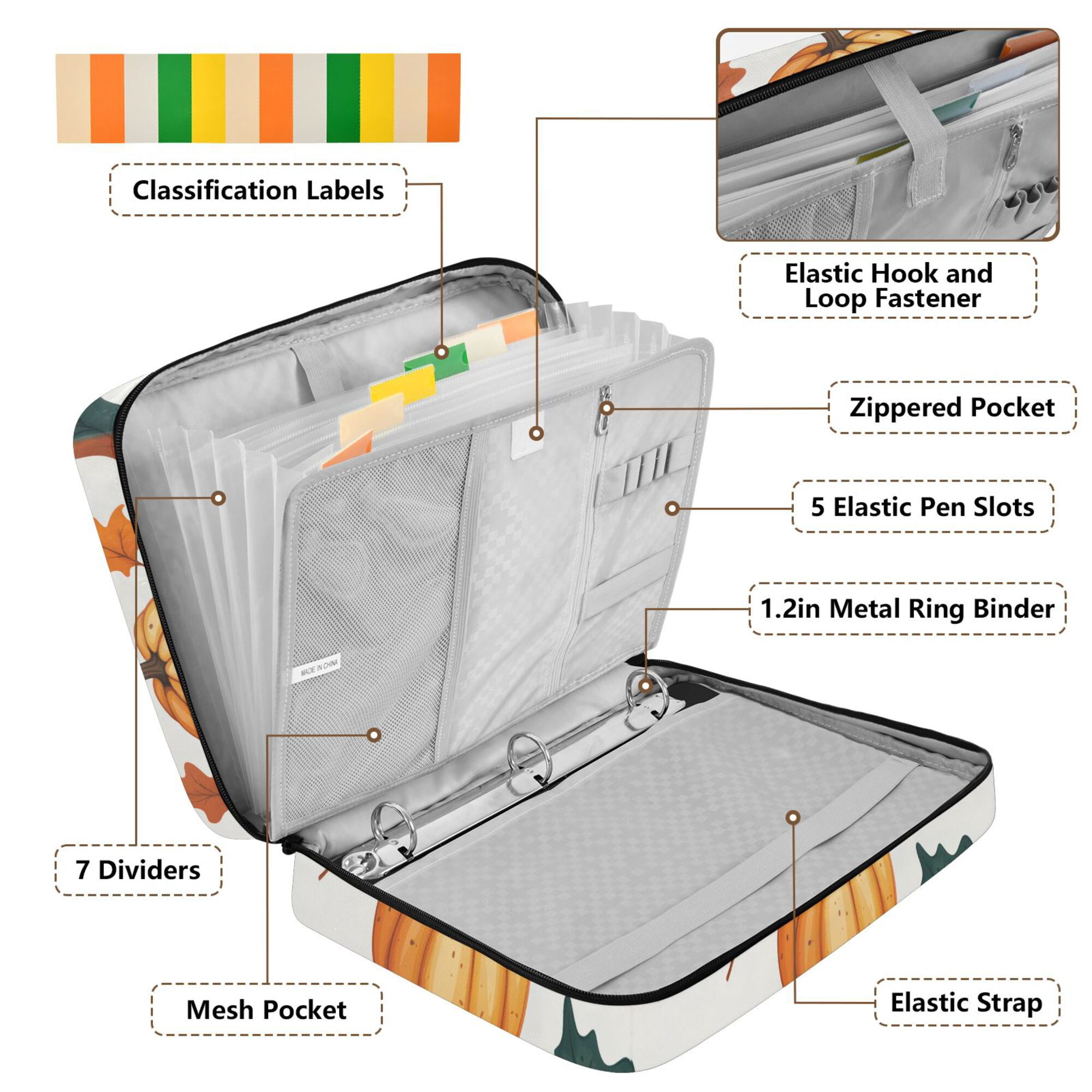 FORMRS Accordion File Folder A4 Size 7-Pocket Expanding Document Organizer Bag with 3 Ring Binder, Pumpkins Pattern