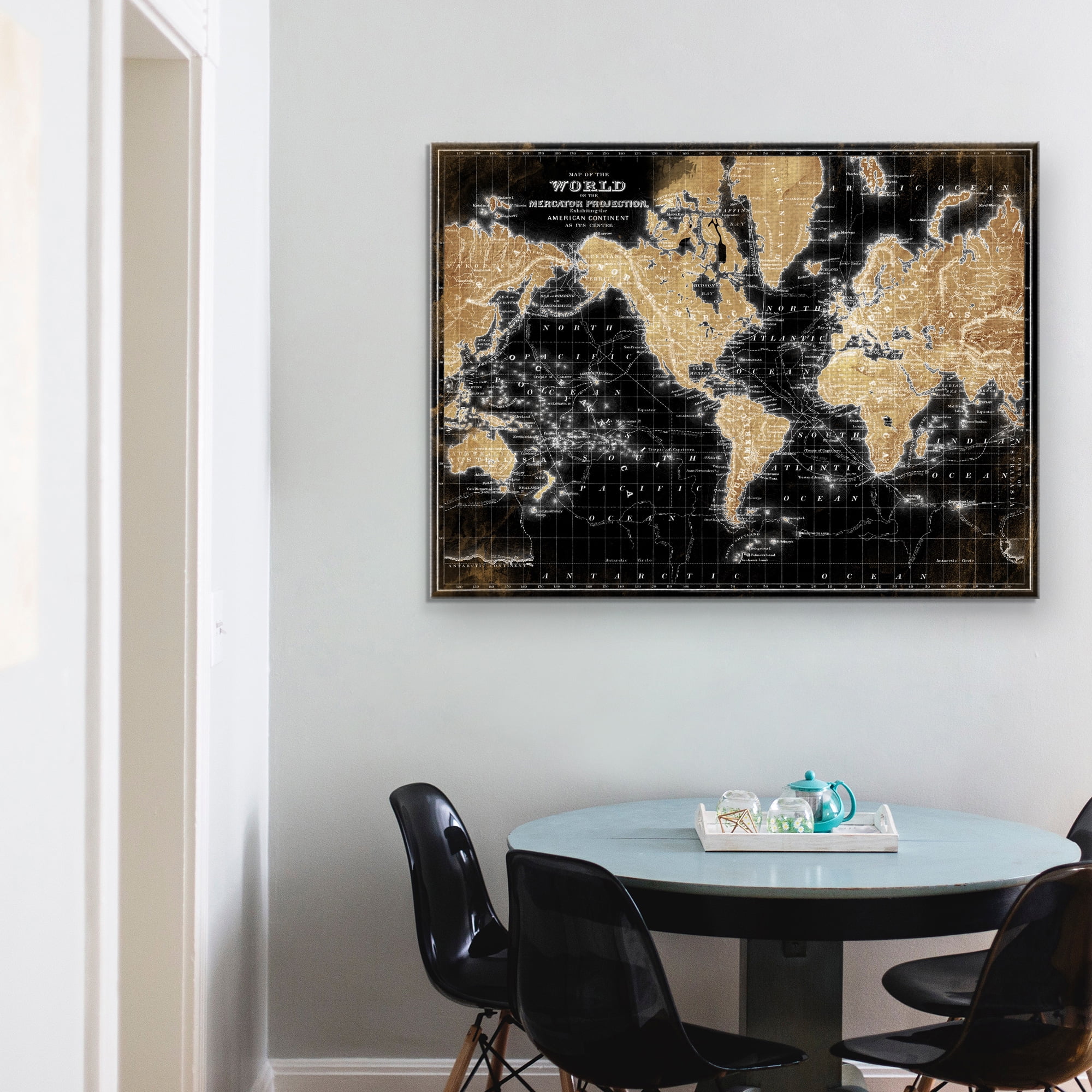 Masterpiece Art Gallery World Map On Black By Belle Maison Canvas Art Print 30" x 40"