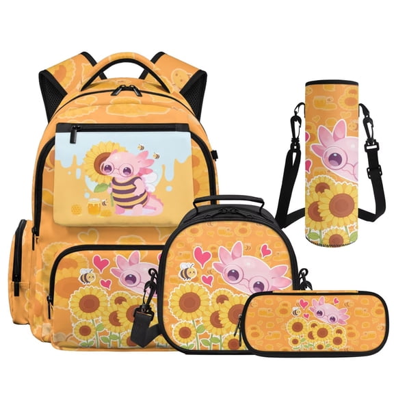 Bulopur 17 Inch 4 Piece Backpack Set Sunflower Bee Axolotl Print School Bookbag with Lunch Box, Water Bottle Holder and Pencil Case for School Daily Use