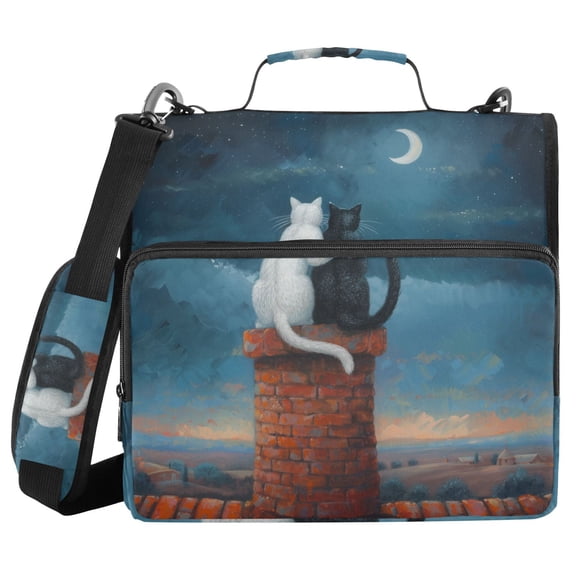 3 Ring Zipper Binder with Shoulder Strap Waterproof Trapper Keeper 2 Inch D-Ring 500 Sheets Capacity Cats on House with Moon