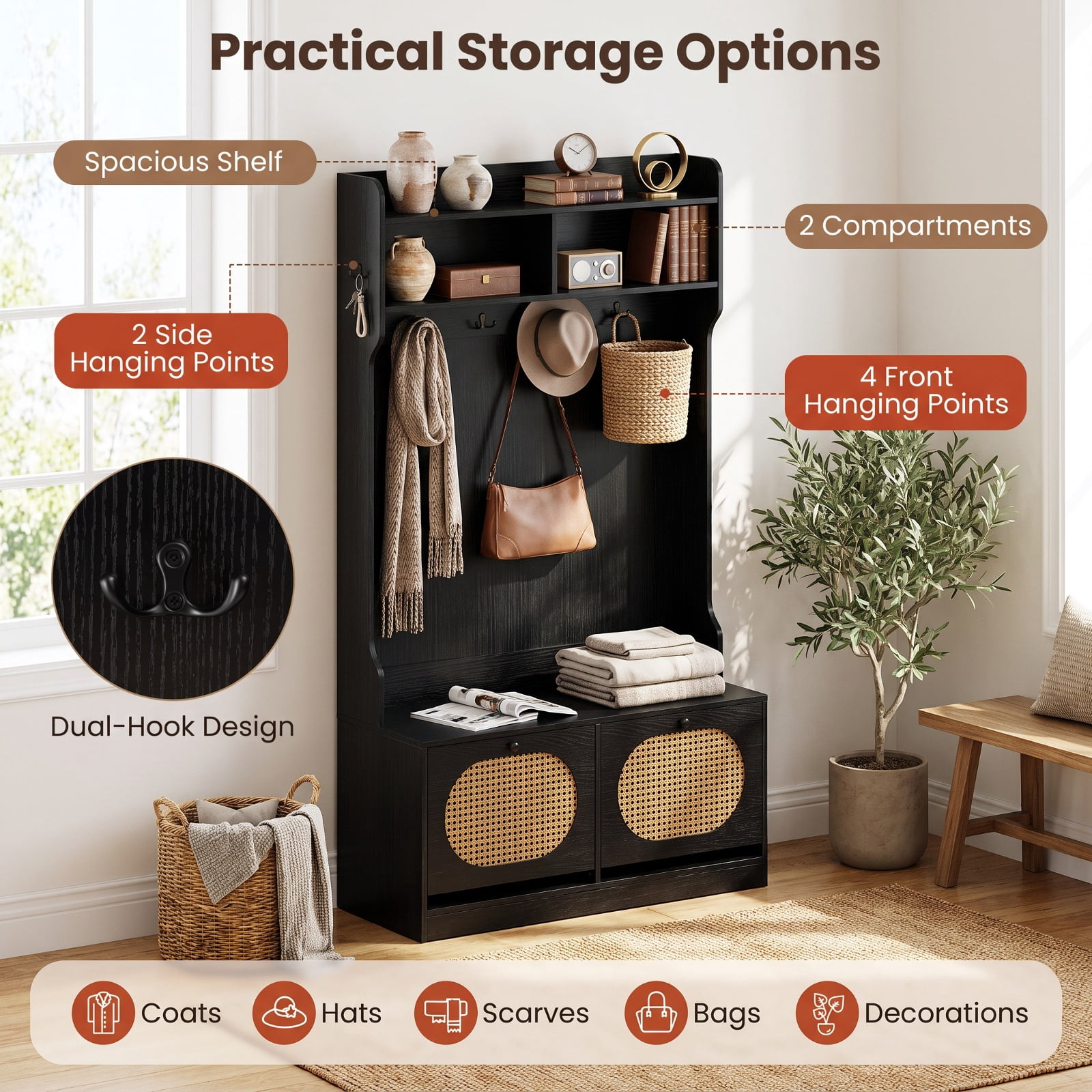 Furnibear 4 in 1 Entryway Hall Tree with Coat Rack and Flip Drawers and Storage Bench for Mudroom and Foyer and Hallway, Black