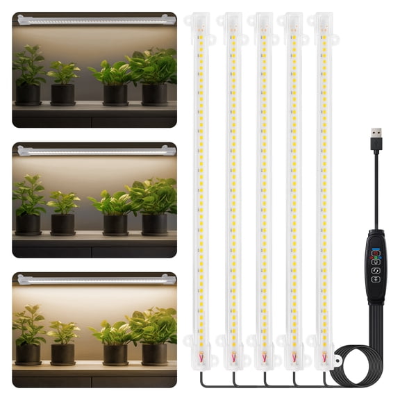 Plant Grow Light 5 Head, 6000K Full Spectrum Grow Lamp for Indoor Plants with 3/9/12H Timer & 10 Dimmable Levels, 13 inch LED Grow Light Strips Plant Light for Green House Hydroponics Succulent