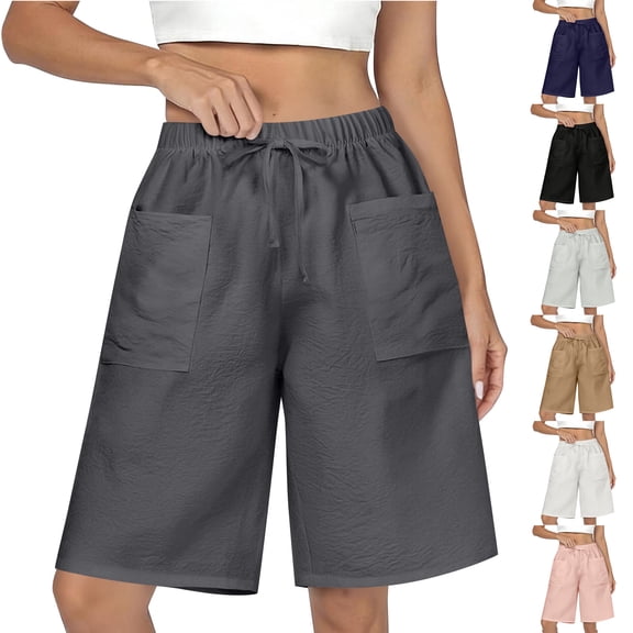 Womens Bermuda Jean Shorts Elastic Waisted Long Denim Short Knee Length Baggy Jeans Soft Cotton Blend for All Day Comfort. Beige L