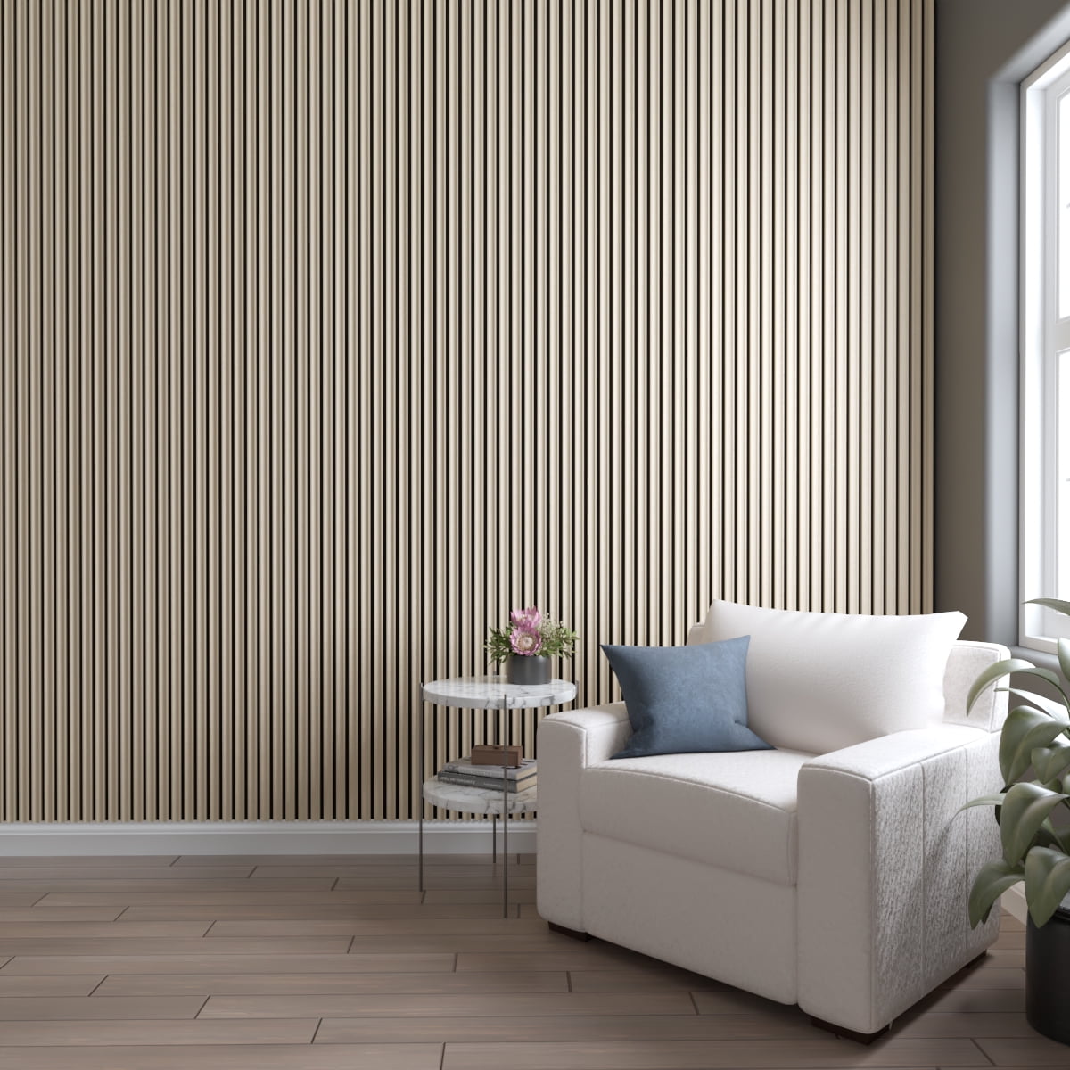Ekena Millwork AcoustixPro Noise Cancelling Concave Small Slat Wall Panel 11"W x 94 1/2"H, White Wash (2 Pack)