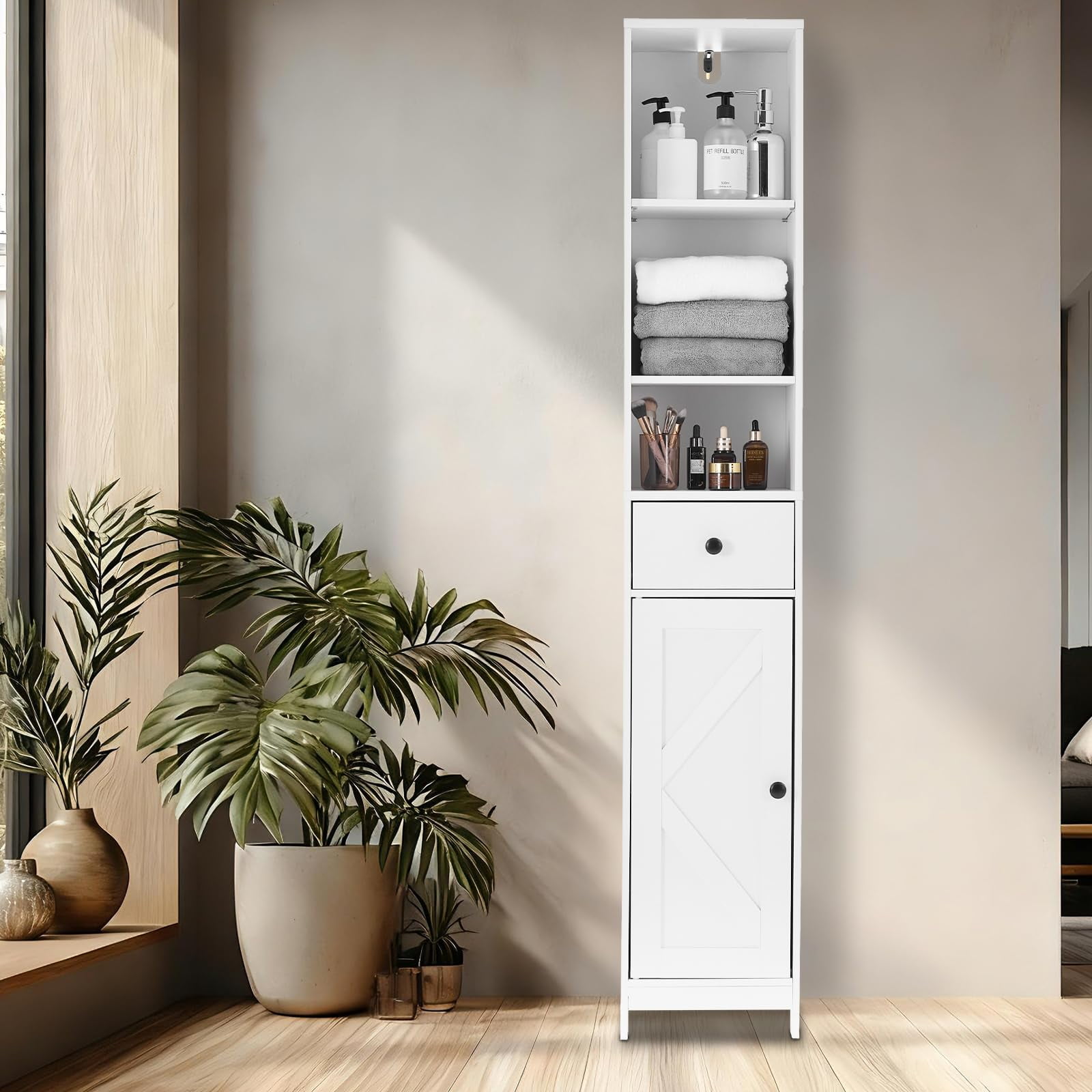 Gaderth Tall Narrow Bathroom Storage Cabinet, 66.9 Inch Freestanding Adjustable Multi-Functiona Shelf Organizer for Small Spaces, Kitchen, Hallway, Bathroom Organization