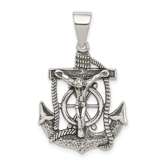 Sterling Silver Nautical Crucifix Cross Pendant Necklace with Anchor and Ship Wheel Charm Rope Detail Religious Maritime Necklace for Men and Women
