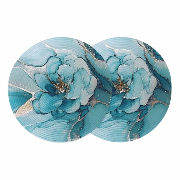 Teal Floral Marble Round 13 Inch Placemats Set of 2, Modern Abstract Ink Painted Art HeatResistant Non Slip Place Mats for Dining Table, Wipeable Braided Kitchen Table Mats for Housewarming