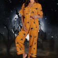 thumbnail image 5 of Orange Women Cute Pajamas Satin Fall 2 Piece Silk Pj Set Funny Ghost Pumpkin Print Short Sleeve Button Tops and Pants S, 5 of 7