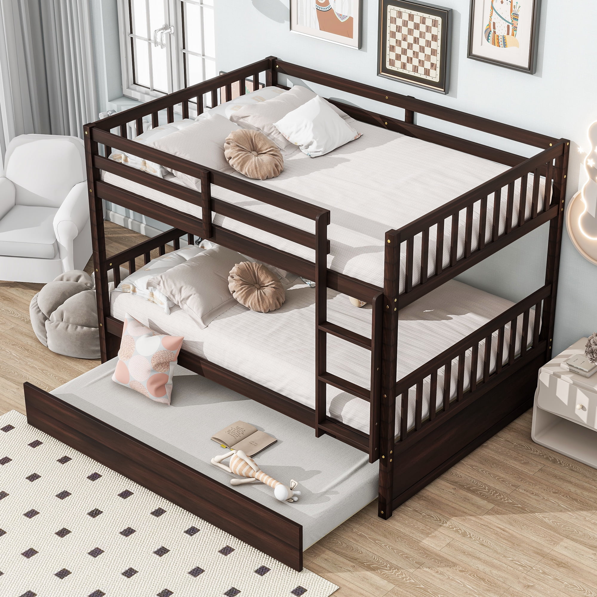 Leumius Full Over Full Size Bed Frame with Trundle, Ladder and Guardrails, Convertible to 2 Full Size Beds, Rubber Wood Bed with Twin Size Trundle for Boys Girls Espresso