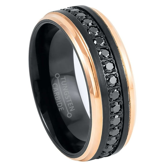 8mm Mens Black Eternity Tungsten Wedding Band, CZ Stones, Rose Gold Stepped Edge Ring - TN925WAs10