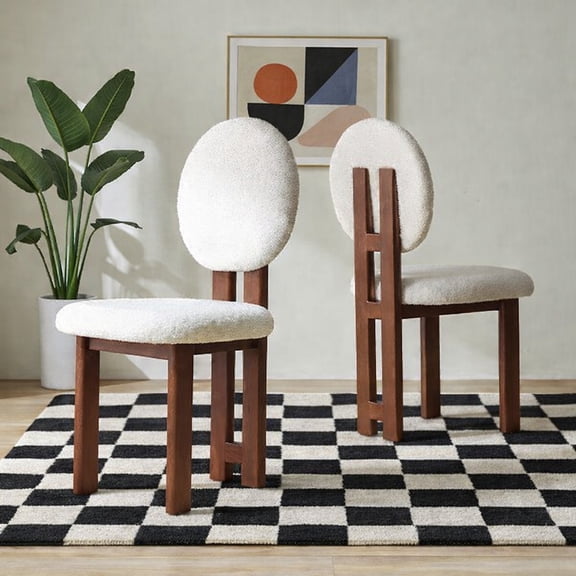 Minimalist Cream Boucle Dining Chairs Set of 2 Upholstered Fabric Side Chair with Natural Wood Frame Modern Scandinavian Seating for Kitchen