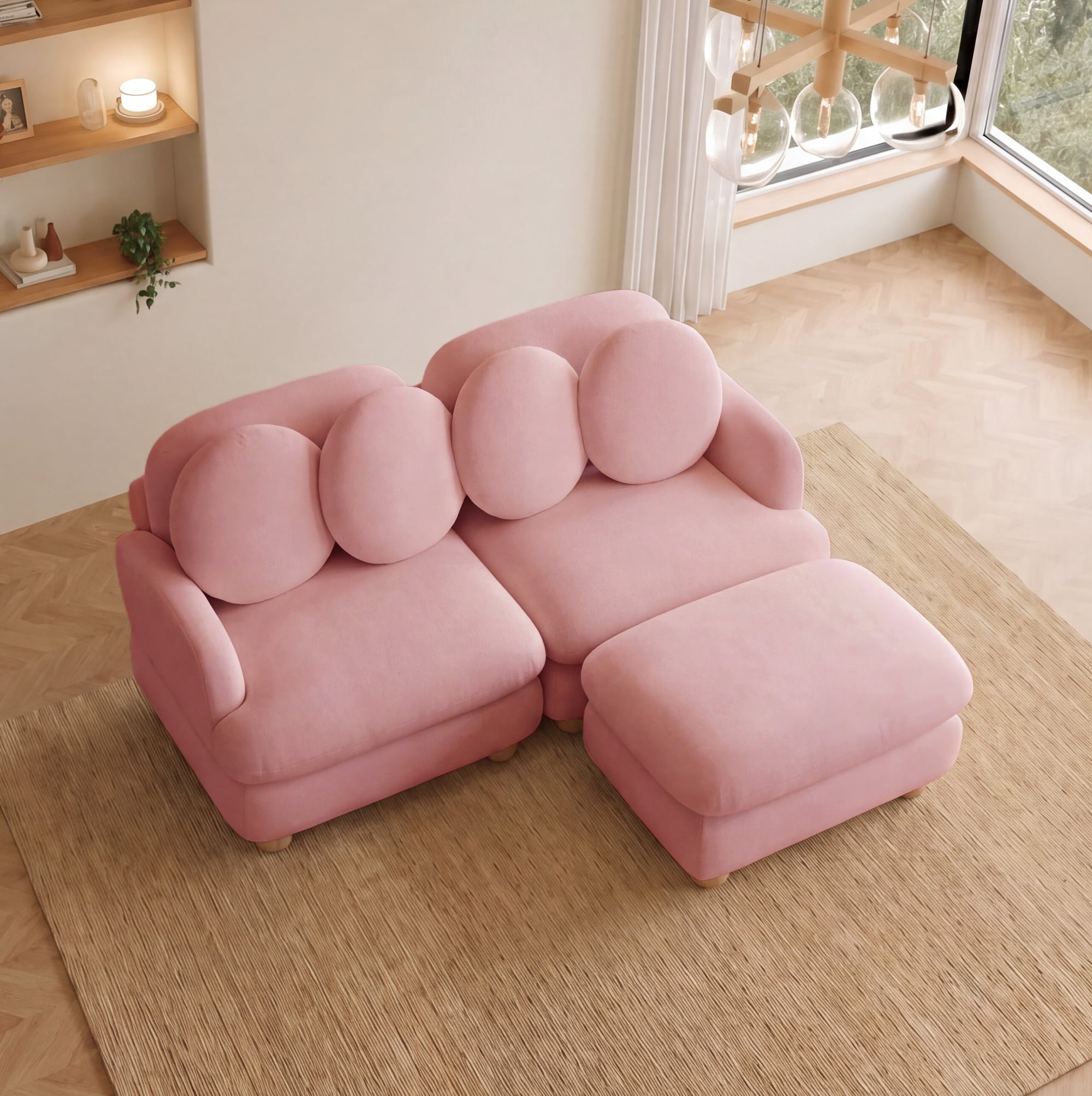 68" 3 Seater Chenille Loveseat Modular Sectional Sofa Couch with 4 Throw Pillows and Ottoman