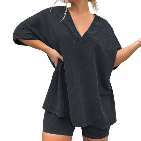 Clearance!NMMUED Short Sets for Women, 2 Piece Sets for Women Summer, V Neck T Shirts for Women, Lounge Shorts Women, Lounge Sets for Women, Black L