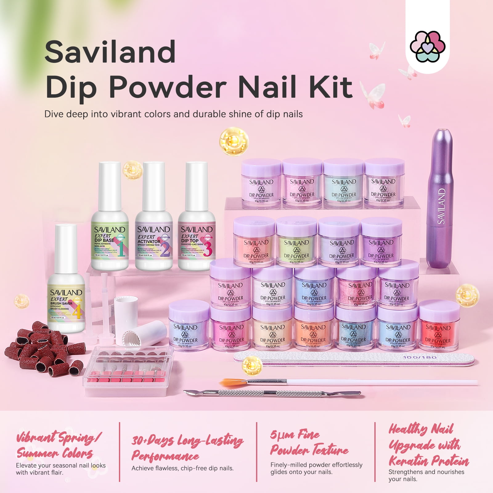 SAVILAND Plus Dip Powder Nail Kit with Drill : 60 g Clear Dip Powder with Dip Base & Top Activator Brush Saver Enrich Castor Oil VE VB for French Nail Art