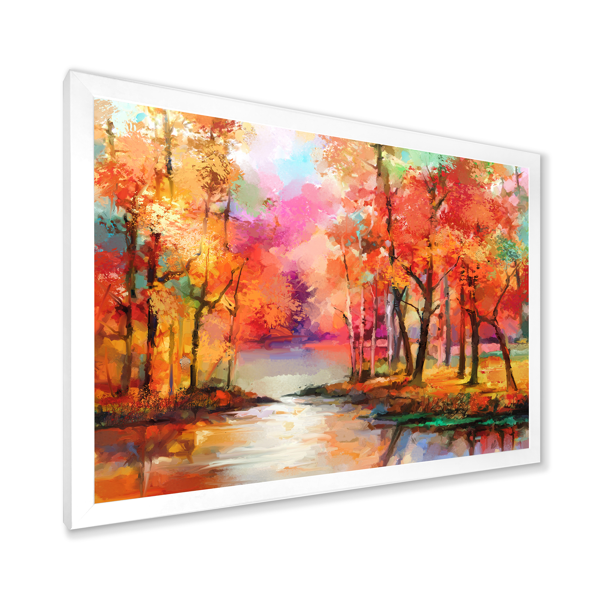 Designart 'The Lake In Autumn By Colorful Autumn Trees' Modern Framed Art Print