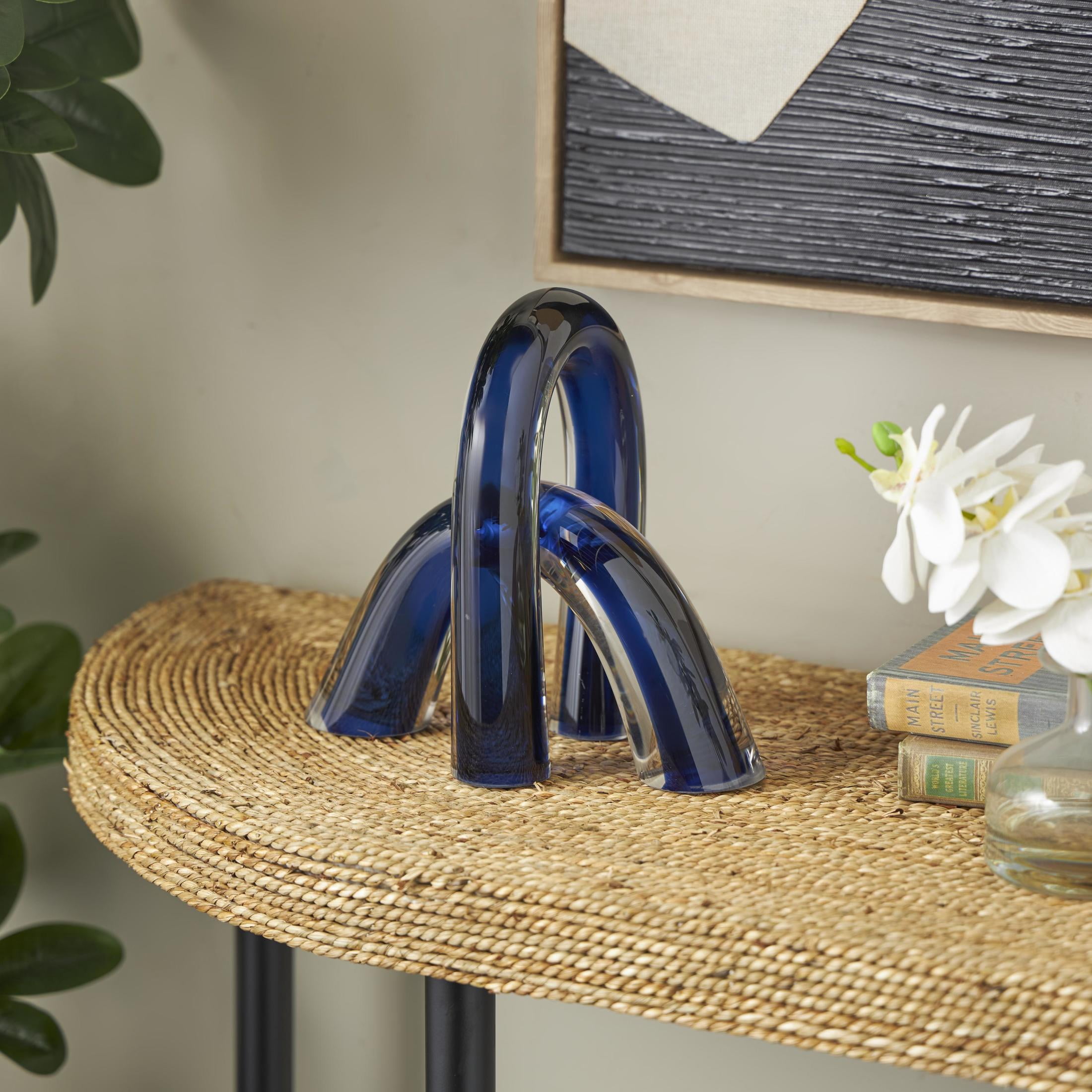 9", 5"H Blue Glass Arch Abstract Sculpture with Clear Accents, by DecMode (2 Count)