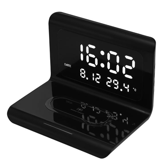Suodoka 3-in-1 Digital Alarm Clock with 10W Wireless Charger Pad, Qi Charging Stand, and Smart Thermometer, Dual Unit Display Calendar Clock for Home Office Bedroom (6.8 x 5.0 x 5.0 inches)