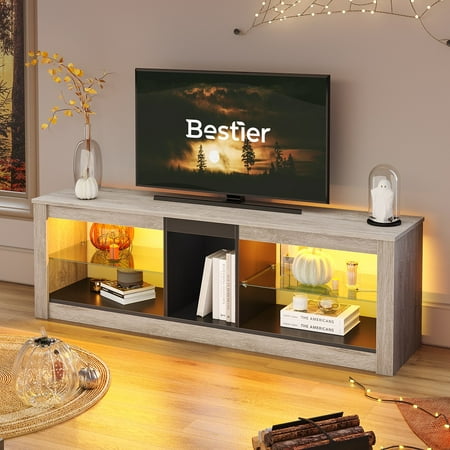 Bestier RGB TV Stand for TVs up to 60" with LED Lights Entertainment Center Grey