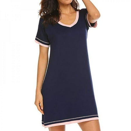 

CUTELOVE Women Sexy Dress Cotton Solid Color Round Neck Short Sleeve Nightdress Solid Color Clothes//