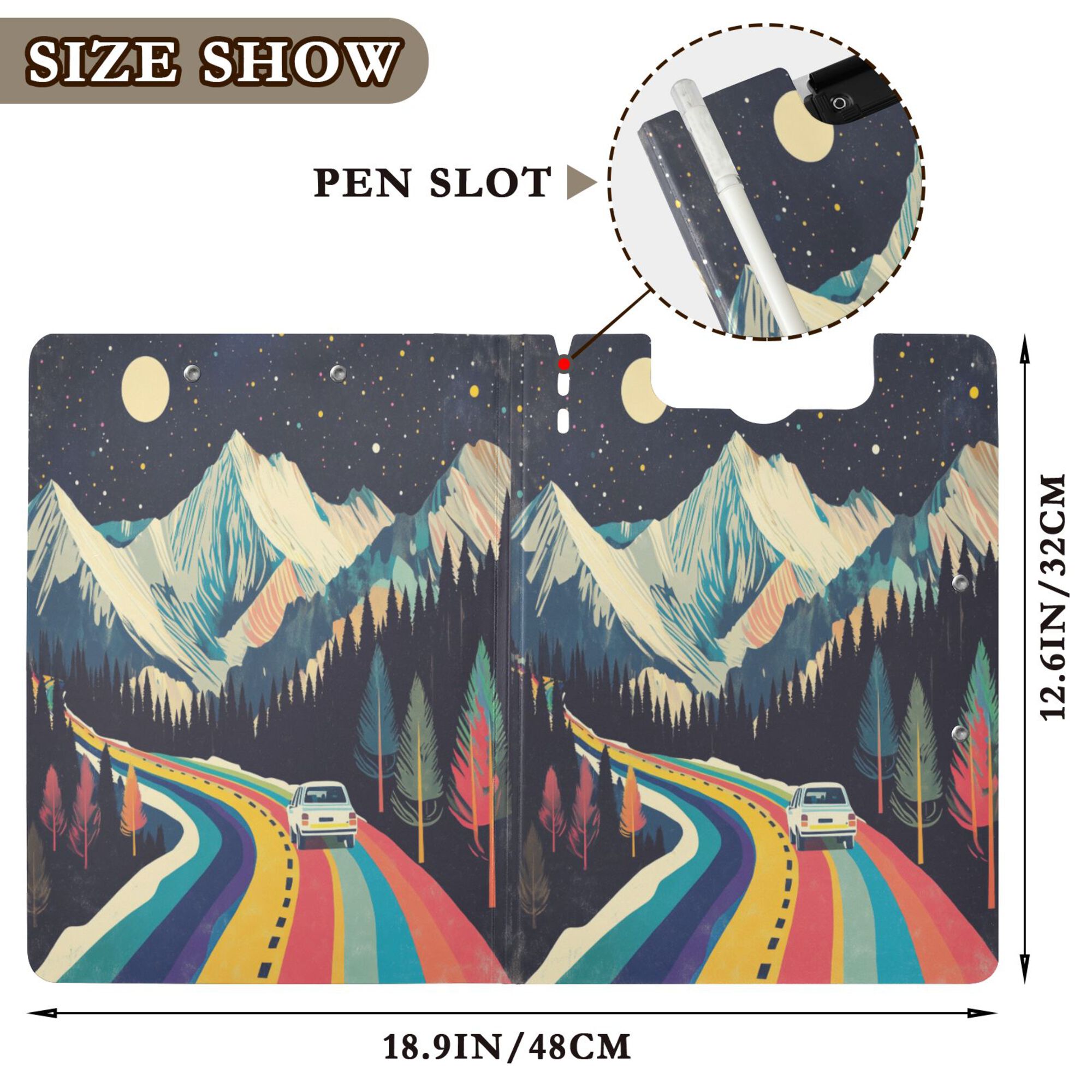 FORMRS A4 Clipboard Folder with Pen Holder Horizontal Foldable School Office Binder, Evening Mountain Road