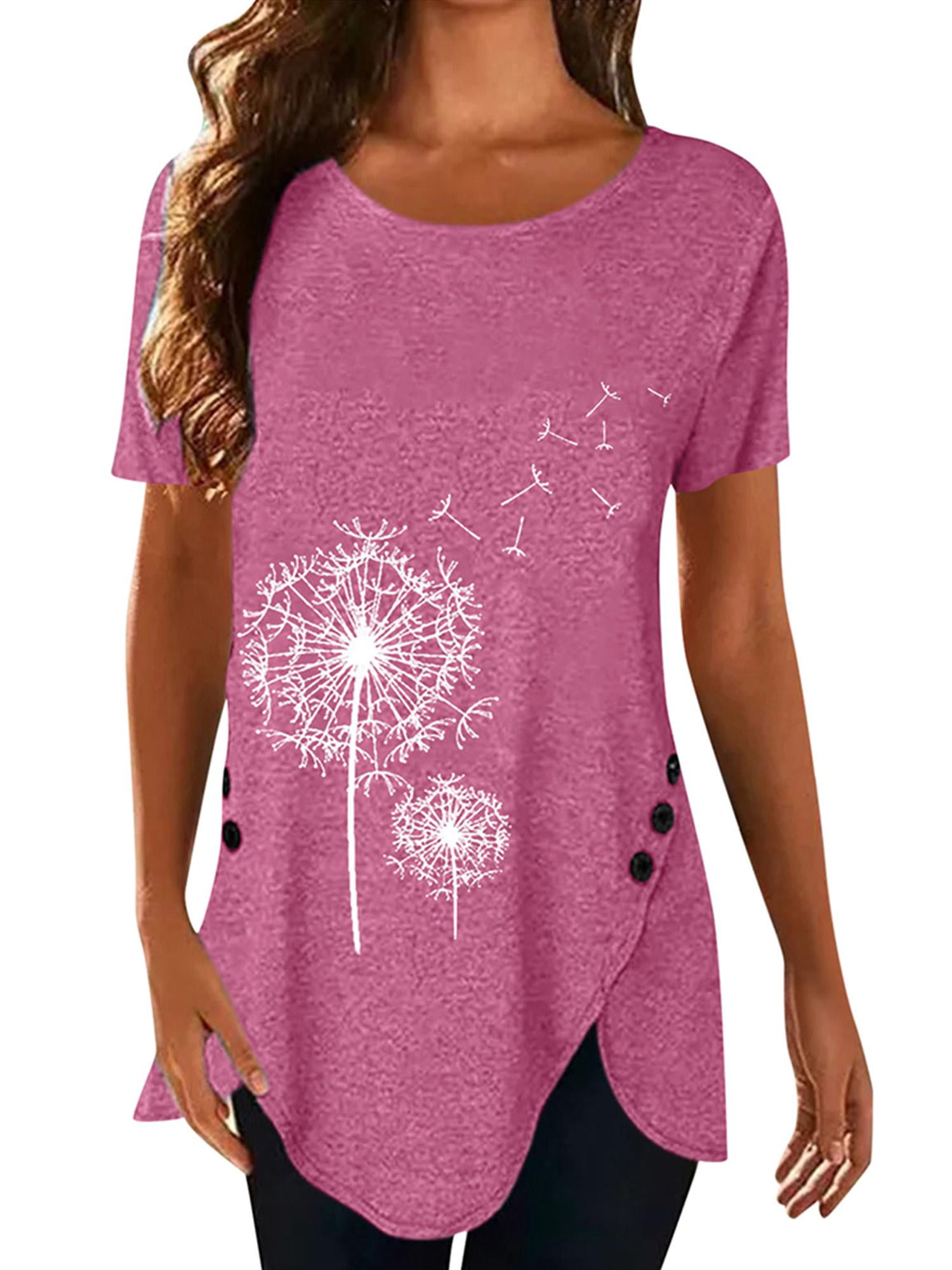 Gvmfive Women's Dandelion Love Heart Print Solid T-shirt Short Sleeve ...