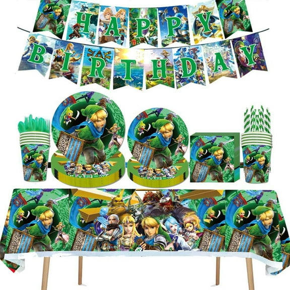 Zelda Theme Party Decorations, Fiesta Party Decorations, Link Theme Tablecloth, Birthday Banners, Plates and Napkins Set