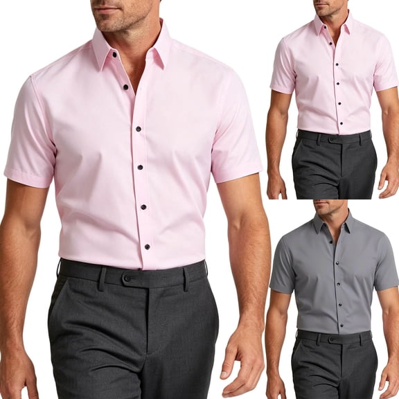 FRSASU Men's Stretch Wrinkle Free Dress Shirts formal Wedding Prom Short Sleeve Slim Fit Button Down Shirt Pink