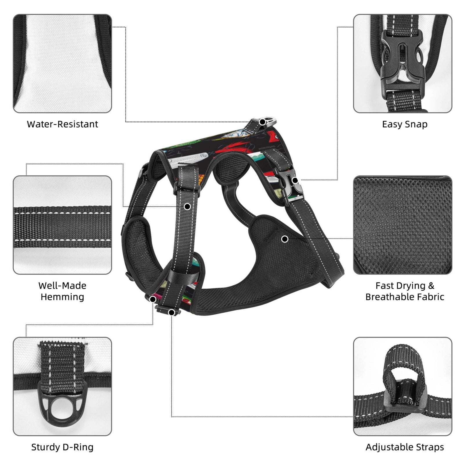 Vsdgher Colorful Fishing Lures Pattern Dog Harness,No Pull Pet Harness with Soft Padded Handle,Adjustable Reflective Vest with 2 Buckles,4 Slide Buckles,S-XL X-Large