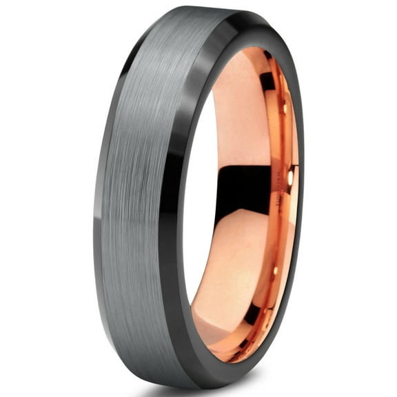 P. Manoukian Tungsten Wedding Band Ring 4mm for Men Women Black & 18K Rose Gold Plated Beveled Edge Brushed Polished Lifetime Guarantee Size 4