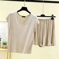 thumbnail image 4 of PNTUTB Women's Solid Color Lightweight V Neck Short Sleeve Top with Elastic Waist Shorts Casual Comfort Pajama Set, 4 of 6