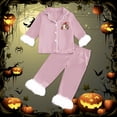 thumbnail image 2 of Krdevn Kids Beanie Ghost Halloween Pajama Set Long Sleeve Lapel Button Top and Pants Black Fluff Sleepwear 2 Piece Pjs 6-7 Years,Pink, 2 of 5