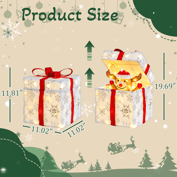 Christmas Lighted Gift Box Decoration, 60 Warm White LED Lights, Weather-Resistant Metal & Waterproof Fabric, Easy Setup for Home, Yard, Patio