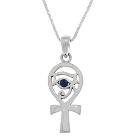 Marquise Lapis Pendant Sterling Silver Egyptian Eye of Horus Ankh Pendant with Synthetic Blue Lapis on 18 Inch Box Chain Necklace ()