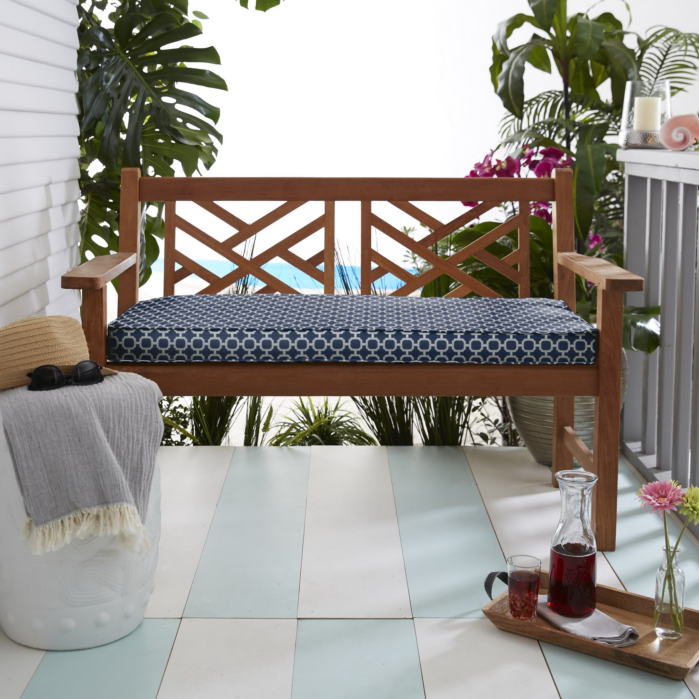 Navy Chainlink Indoor, Outdoor Bench Cushion, Corded