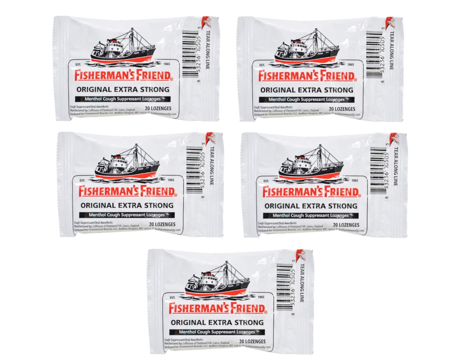 5 Pack Fisherman's Friend Menthol Cough Suppressant Natural 20 Lozenges Each