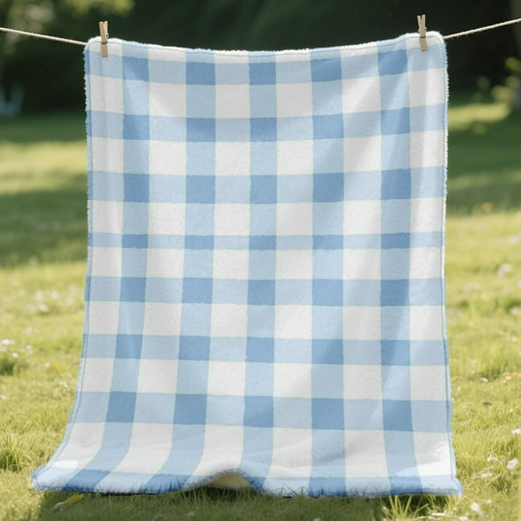 1pc Lightweight Soft Flannel Blanket - Blue Small Grid Pattern Print, All-Season Cozy Throw for Couch, Bed, Office & Travel, Compact & Stylish Home Decor