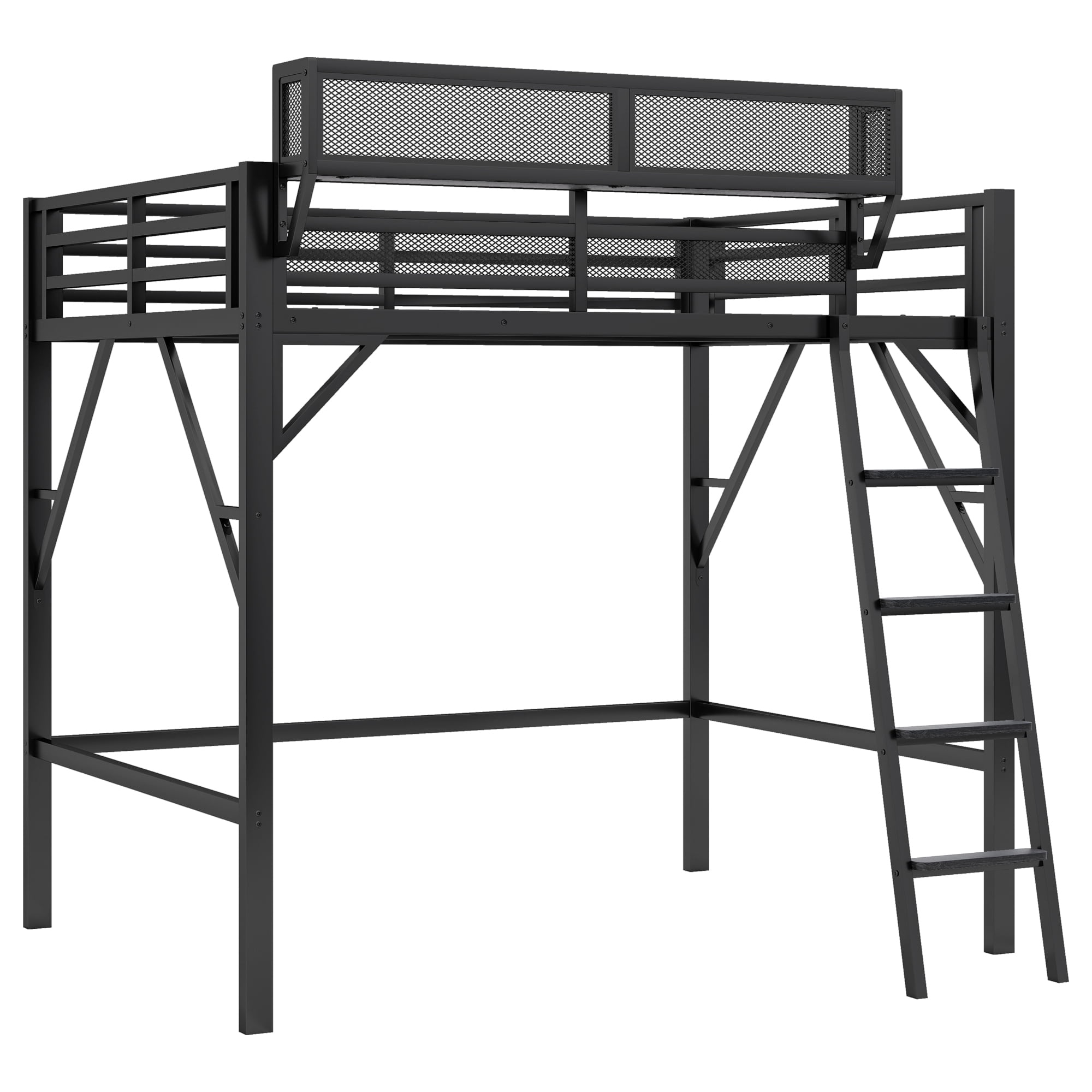 Full Size Loft Bed with Ladder, Metal Loft Bed with Storage Shelves, High Loft Bed for Kids Teens, Black