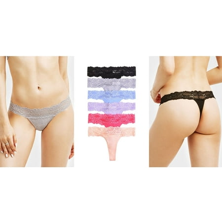 Low Thong Panties - 6 Pack of Cotton/Lace Sexy Low Rise Thong Panties Sheer Underwear