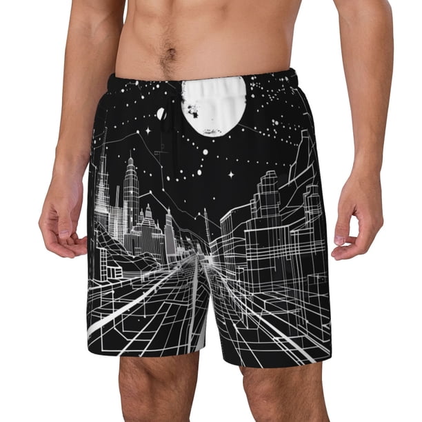 Fotbe Futuristic Moonlit Cityscape Traje de Baño para Hombre – Shorts de Natación de Secado Rápido con Forro y Bolsillos-3X-Large