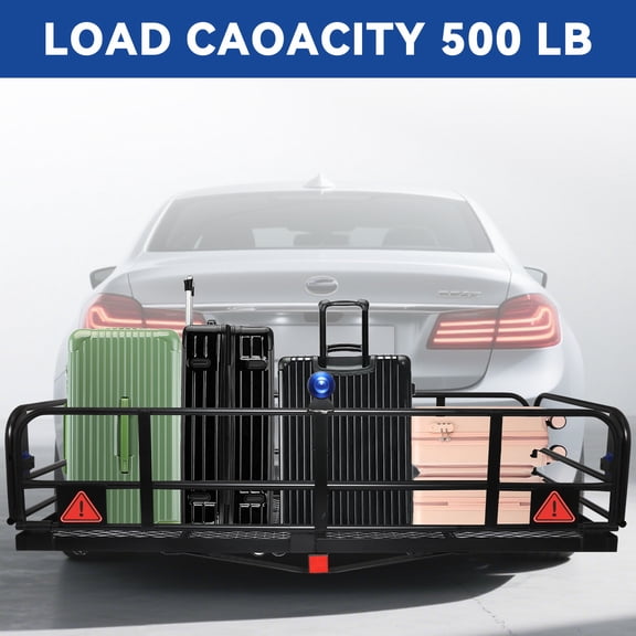 HOUGEET Cargo Carrier Hitch Mount Heavy Duty 60" x 24" x 14.4" 500 Lbs Capacity Folding Trailer Hitch Cargo Rack Steel Rear Luggage Basket Fits 2" Receiver for Car & SUV
