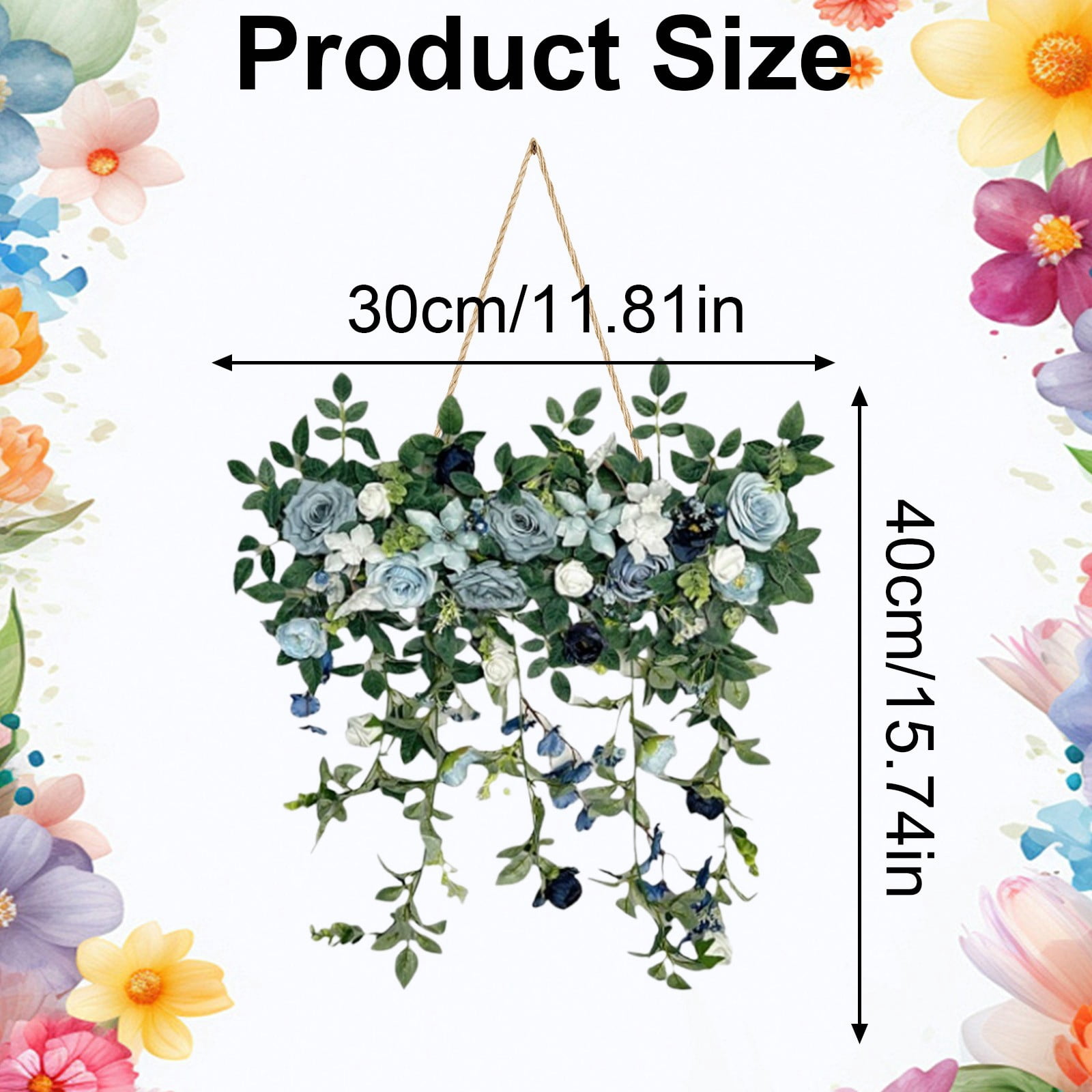 Artificial Hanging Floral Swag, Fake Rose Wall Hanging, UV Resistant Faux Floral Bouquet with Lush Foliage, Hanging Wall Decor for Spring Garden Wedding Home Office Kitchen Table Vase, Blue