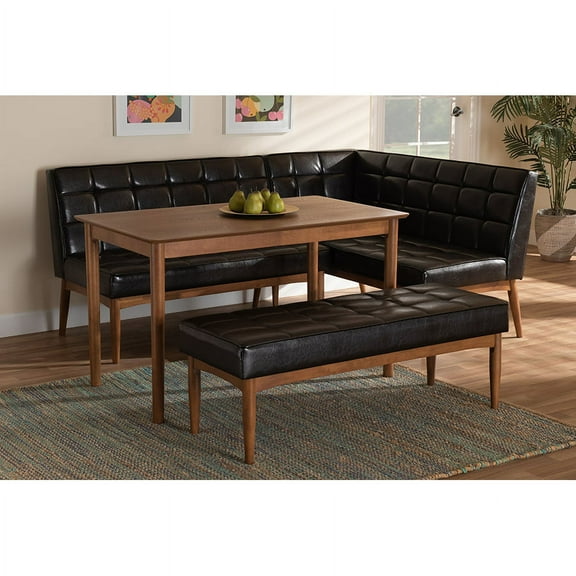 Baxton Studio Sanford Mid-Century Modern Dark Brown Faux Leather Upholstered and Walnut Brown Finished Wood 4-Piece Dining Nook Set