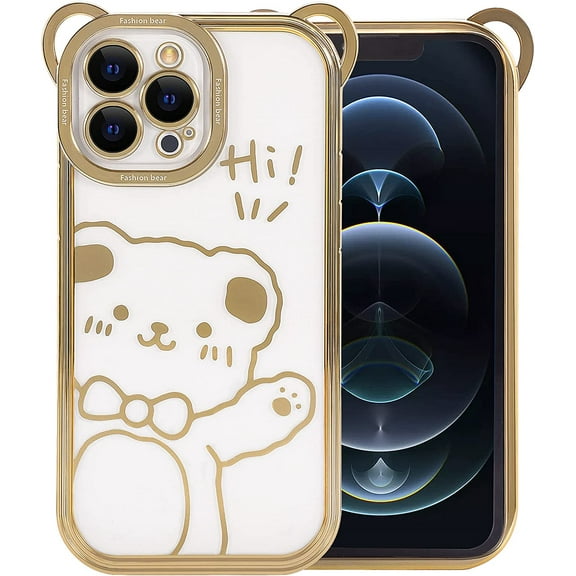 Compatible with iPhone 13 Pro Max Plating Bear Case for Women Girls,Cute Sparkle Transparent Soft TPU Stylish Bear Pattern Shockproof Slim Luxury Clear Case Cover for iPhone 13 Pro Max-Gold