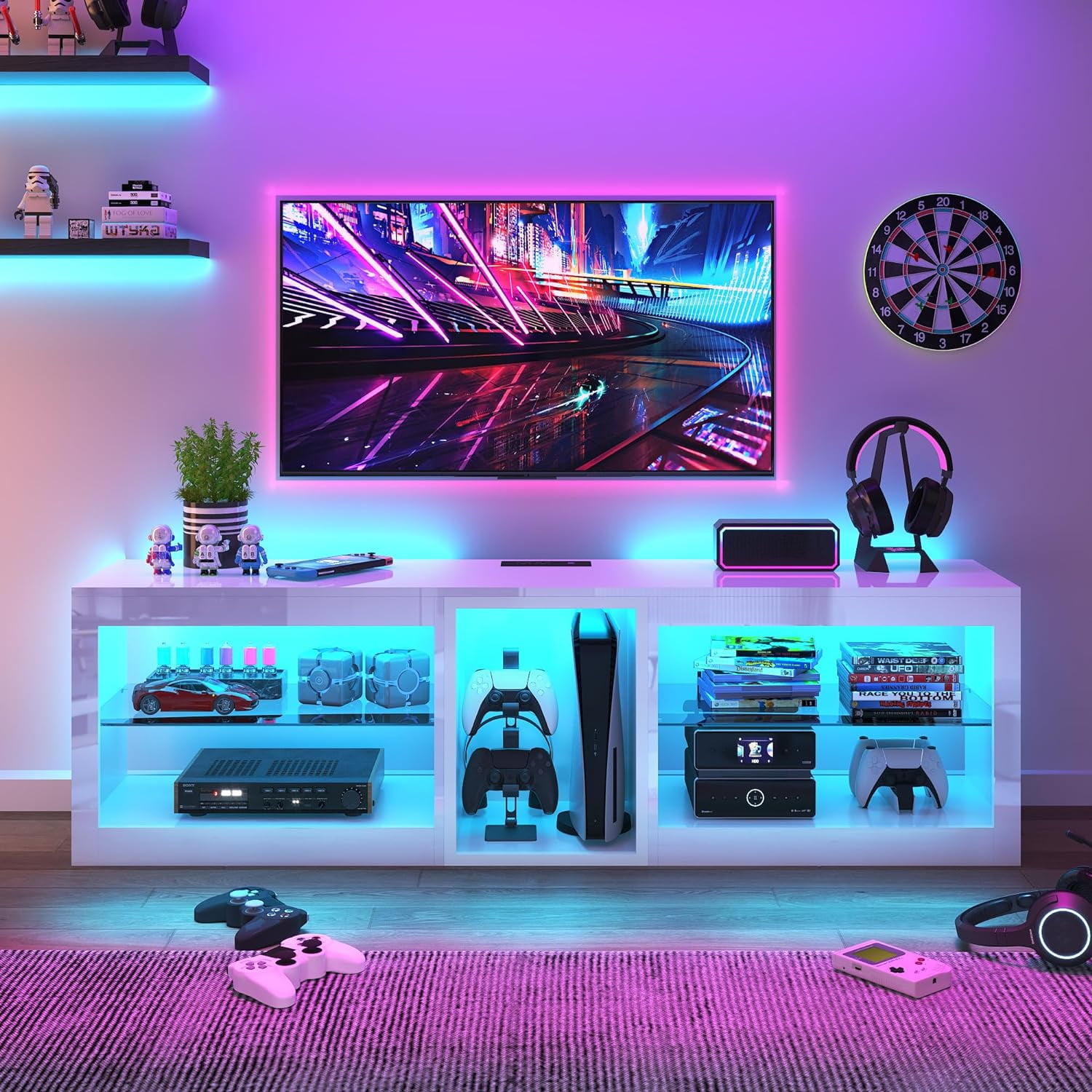 ChVans Modern LED TV Stand for TVs up to 70" with Adjustable LED Lights/Outlet, High Gloss Entertainment Center with Open Shelves Storage, Media Console TV Stands for Living Room, Game room, Bedroom
