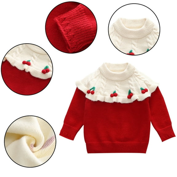 Godderr Kids Baby Girls Knit Sweater Fleece Knite Pullover Cartoon Thick Sweatshirts Tops Toddler Newborn Autumn Winter Sweaters Round Neck Long Sleeve Knit Shirt Red for 1-6Y