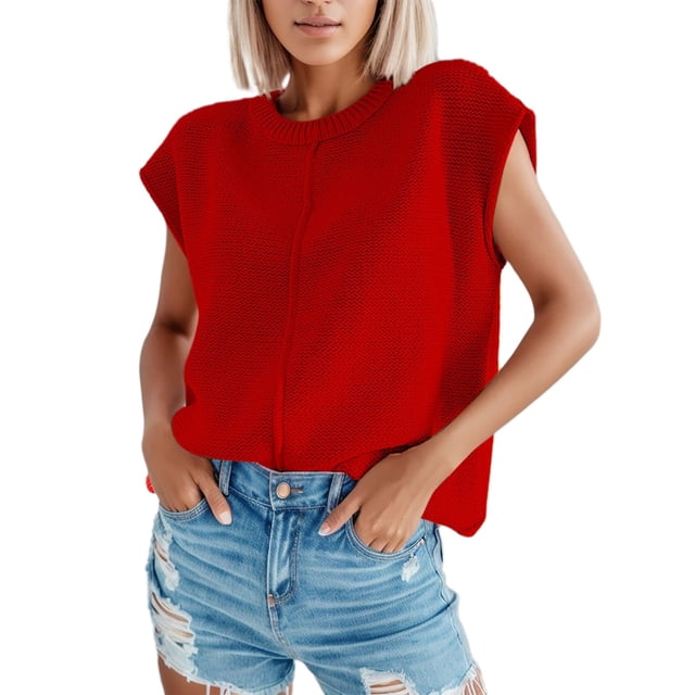 Camiseta de punto sin mangas, cuello redondo, informal y lisa para mujer - Jersey de poliéster