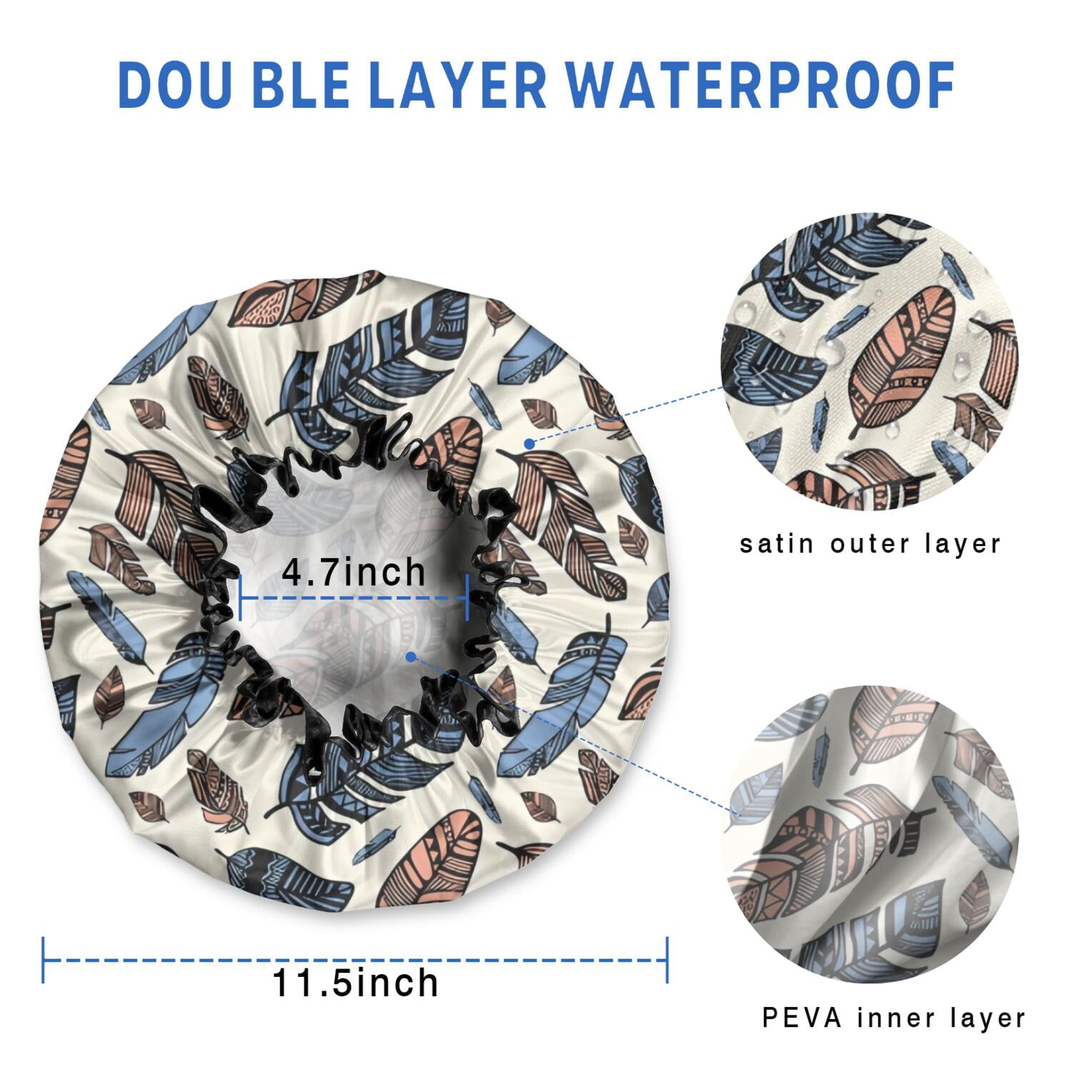 Shower Caps,Blue and Brown Feather Pattern Waterproof Shower Cap for Women 4 Pieces,Double Reusable Hair Cover for Shower PEVA Elastic Stretch Hem