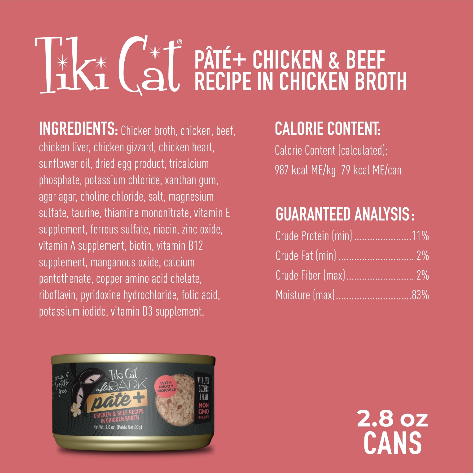 (2 pack) Tiki Cat After Dark Pate+ Wet Cat Food, Chicken & Beef, 2.8 oz. Can