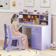 thumbnail image 5 of Costway Kids Study Desk and Chair Set Wooden Children Writing Table with Shelves & Drawer Purple, 5 of 10